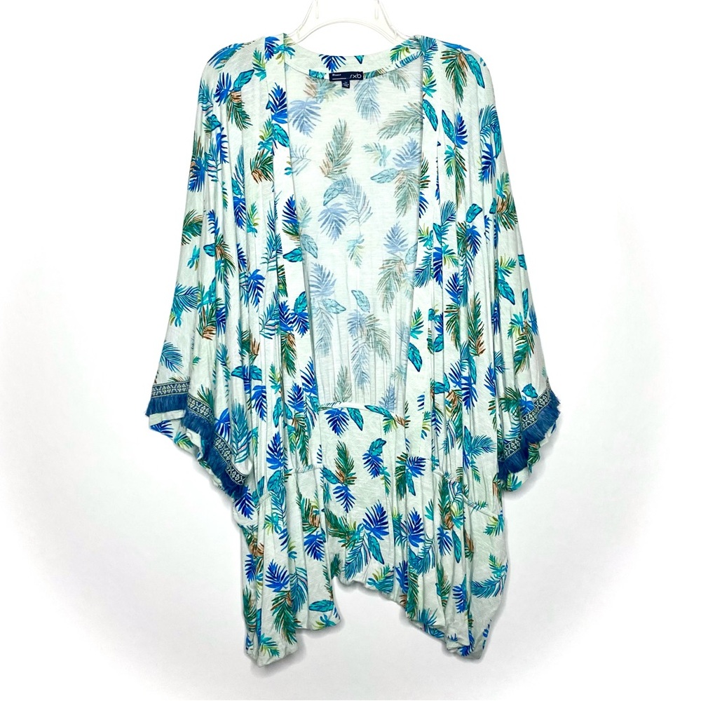 RXB White Tropical Leaf Print Open Kimono with Blue & Green Accents